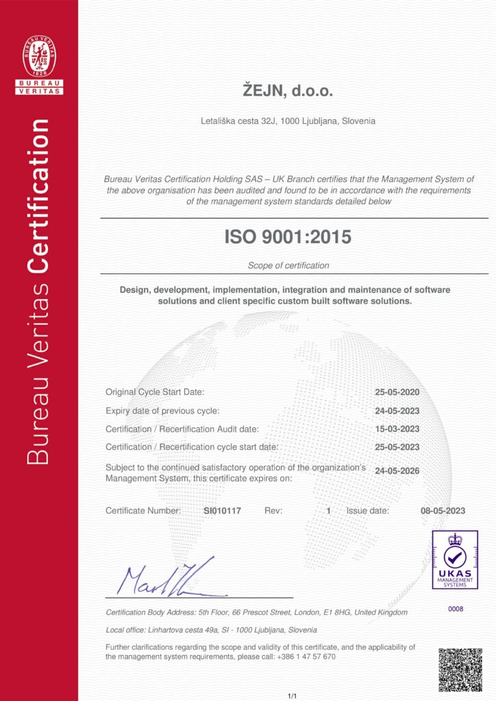 ŽEJN, d.o.o. ISO 9001 Certificate ENG